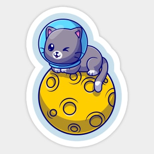 Cute Astronaut Cat Sitting On Moon Cartoon Sticker